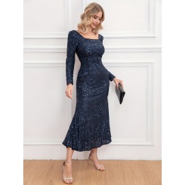 1pc Elegant Sequined Backless Maxi Dress for Women, Polyester Knit Fabric, Square Neckline, Solid Color, Versatile for All Seasons, Mother'S Wedding Party Gown