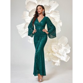 Long Sleeve Shiny Sequin V-neck Elegant Mermaid Hem Formal Dress for Party & Banquet, Women's Clothing