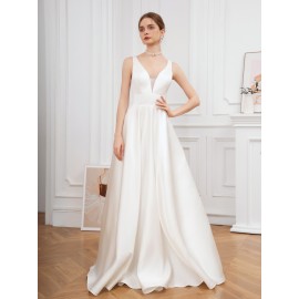 Elegant V-Neck Sleeveless A-Line Wedding Gown with Pencil Skirt and Exposed Back