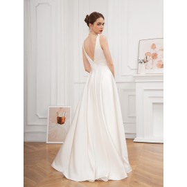 Elegant V-Neck Sleeveless A-Line Wedding Gown with Pencil Skirt and Exposed Back