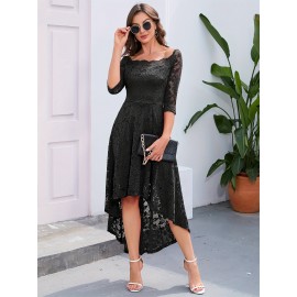 3/4 Sleeves Lace High-Low Off Shoulder Bridesmaid Dress, Cocktail Party Dress for Church Wedding Guest Formal Party