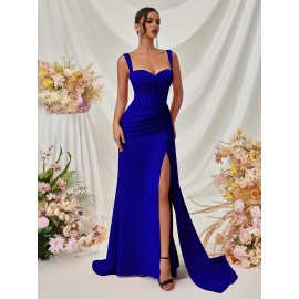 Elegant Spaghetti Strap Backless Gown with Thigh-High Slit - Perfect for Parties & Formal Events, Women's Evening Dress