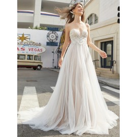 High Slit Luxury Beach Wedding Dresses, Sweetheart Lace Up Back A-Line Tulle Formal Evening Gowns with Hand Beading for Women