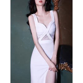 Elegant Middle Eastern Style Bodycon Mother of the Bride Dresses – V-Neck Sleeveless Gown with Slit, Zipper Detail and Built-in Chest Pad – Polyester & Spandex Blend – All-Season Long Evening Dress