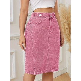 Women's Fashion Pink Denim Skirt - Cotton Blend, Medium Stretch, Solid Color, Sexy Straight Cut with Decorative Fake Buttons, Woven Fabric, Perfect for Spring/Summer/Fall