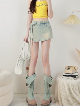 Stylish Women's Denim Skorts: Blue Tie Side Chic Skirted Shorts with Washed Effect