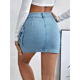 Plain Flap Pockets Cargo Denim Mini Skirt, High Stretch Double Button Washed Denim Skirt, Women's Denim Clothing