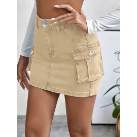 Plain Flap Pockets Cargo Denim Mini Skirt, High Stretch Double Button Washed Denim Skirt, Women's Denim Clothing