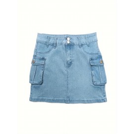 Plain Flap Pockets Cargo Denim Mini Skirt, High Stretch Double Button Washed Denim Skirt, Women's Denim Clothing