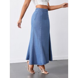 Women'S High-Waist Mermaid Denim Skirt, Casual Style, Non-Stretch Cotton Blend, Solid Color, with Zipper Detail, for Spring/Summer/Fall - Woven Fish Tail Skirt