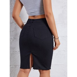 Hot Ripped High Waisted Bodycon Midi Denim Skirt, Women's Denim Jeans & Clothing