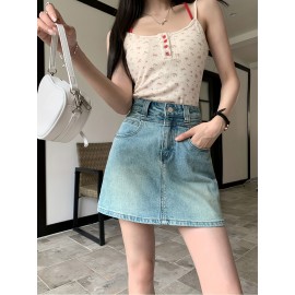 Plain Washed Blue High Rise Basic Style Mini Denim Skirt, Women's Denim Jeans & Clothing