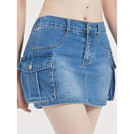 Mini Bodycon Y2K Skirt - Women Denim Skirts - Slim Fit, Button-Front, Flap Pockets, Sexy, Cute, Daily Wear, Versatile, Comfortable, and Chic