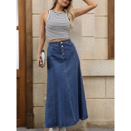 Single-breasted Plain Washed Blue Denim Skirt, Elegant High Rise Maxi Denim Skirt, Women's Denim Jeans & Clothing