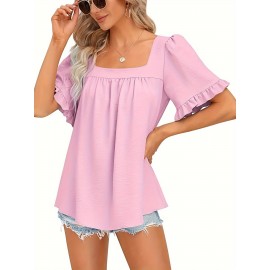 Vibrant Solid Color Square Neck Short Sleeve Blouse - Ruched Bust, Micro Elasticity, Machine Washable - Perfect for Mature Womens Casual Summer Clothing