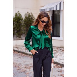 Women's Satin Silk Long Sleeve Blouse with Bow Tie Neck Office Work Wear Elegant Tops