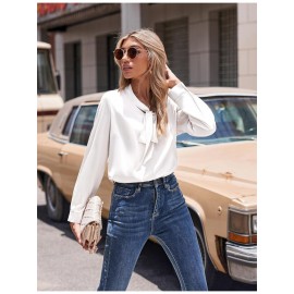 Women's Satin Silk Long Sleeve Blouse with Bow Tie Neck Office Work Wear Elegant Tops
