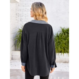 Drop Shoulder Button Front Shirt, Casual Long Sleeve With Pocket Shirt For Spring & Fall, Women's Clothing