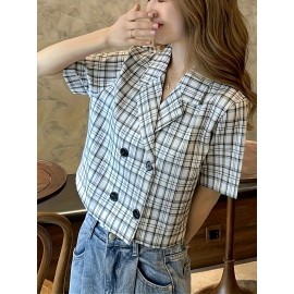 Plaid Print Double Breasted Crop Blouse, Casual Short Sleeve Lapel Blouse For Spring & Summer, Women's Clothing