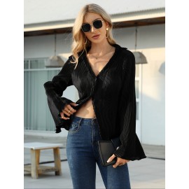 Solid Pleated V Neck Blouse, Casual Button Front Bell Sleeve Blouse For Spring & Fall, Women's Clothing